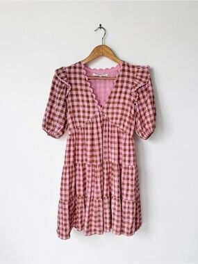 English Factory Pink Gingham Scallop Trim Tiered Puff Sleeve Mini Dress XS